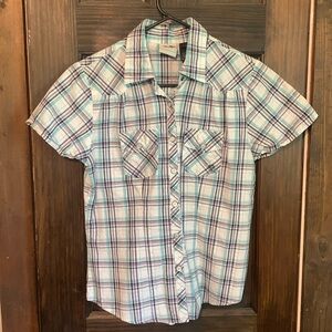 Harley Davidson S plaid, pearl snap buttoned, embroidered shirt. Smoke/pet free